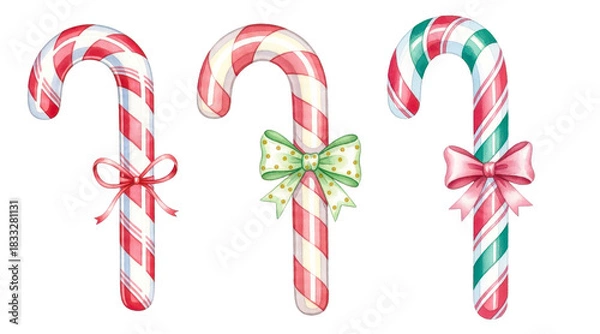 Fototapeta Set of Christmas Candy Canes with Decorative Bows on transparent background