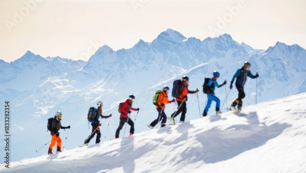 Fototapeta A group of skiers equipped with backpacks and poles moves in a line across a bright snowy ridge with vast sunlit mountain peaks rising sharply in the background