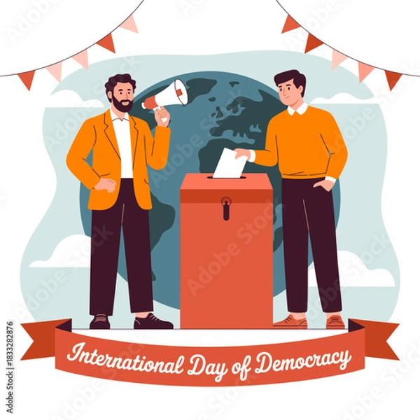 Fototapeta International Day of Democracy Digital Illustration with Voting, Speaker with Megaphone, and Globe Background.