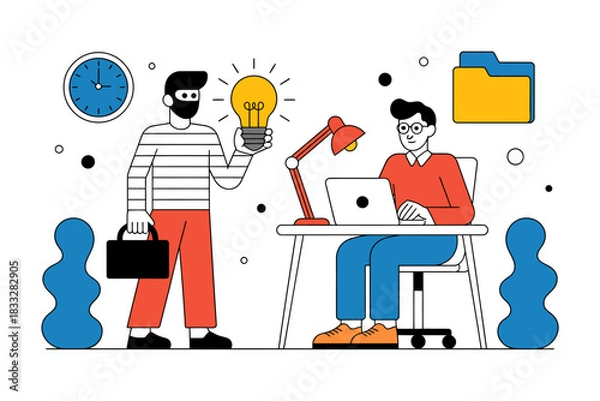 Fototapeta Flat 2D Vector Illustration of Businessmen with Lightbulb Idea and Laptop, Creative Work Environment.