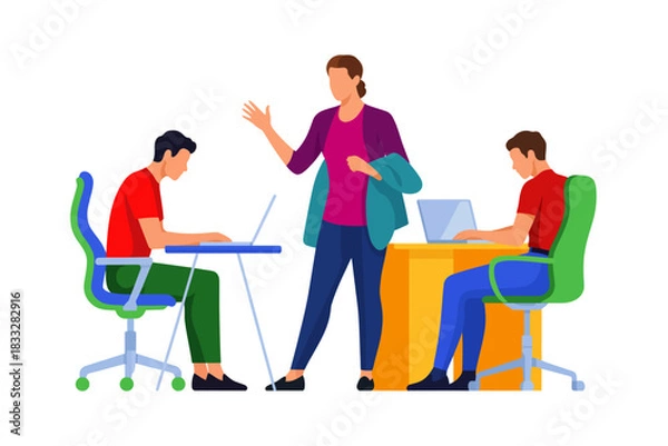 Fototapeta Flat 2D Vector Illustration of Office Team Collaboration, Person Discussing with Colleagues at Desk.