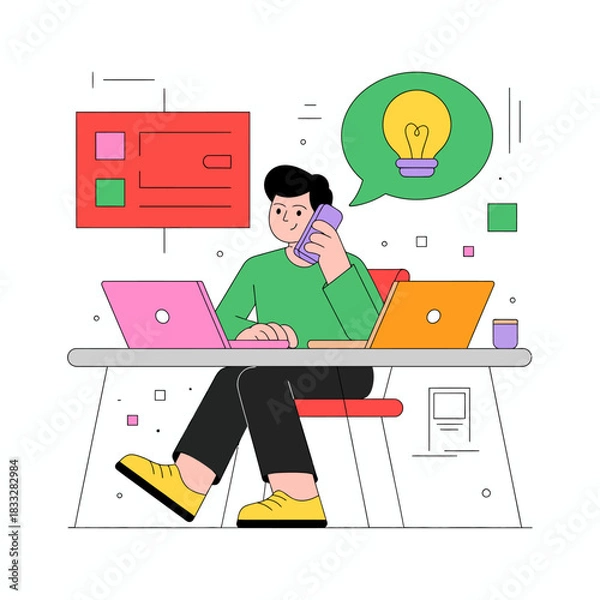 Fototapeta Flat Design Illustration of a Person Working at Desk with Multiple Laptops and Lightbulb Idea.