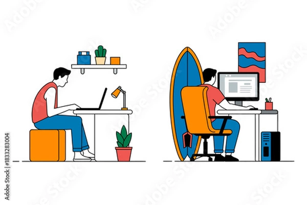 Fototapeta Flat Design Illustration of a Person Working in a Home Office with Two Different Desk Setups.