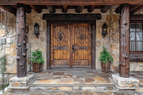 Obraz Rustic wooden door on stone porch with foliage accents. AI generative