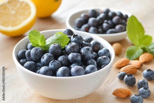 Obraz Fresh berries, nuts, and herbs on white background. AI generative