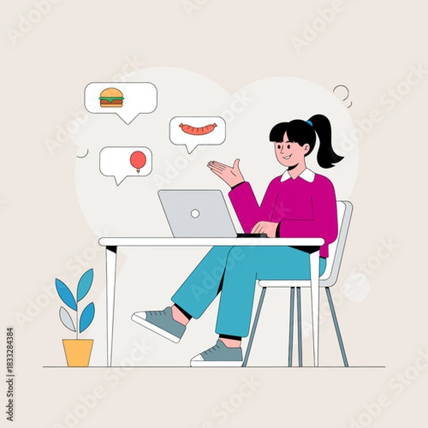 Fototapeta Flat Design Illustration of a Person Working on a Laptop with Fun Icons and Speech Bubbles.