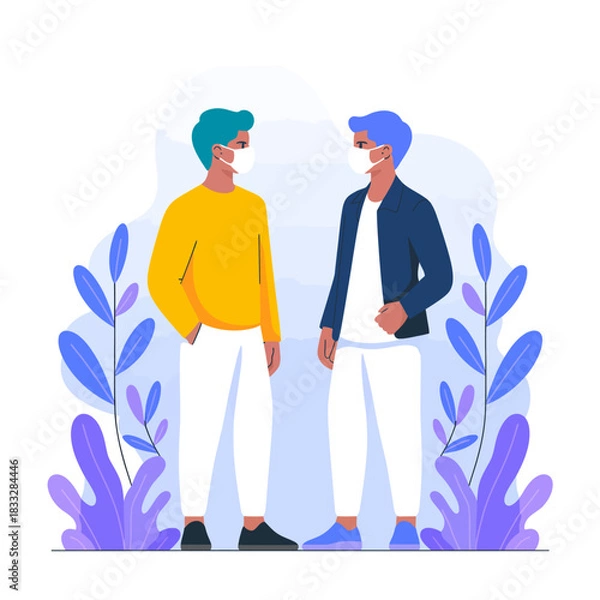 Fototapeta Flat Design Illustration of Two People Wearing Face Masks with Plants in Background.