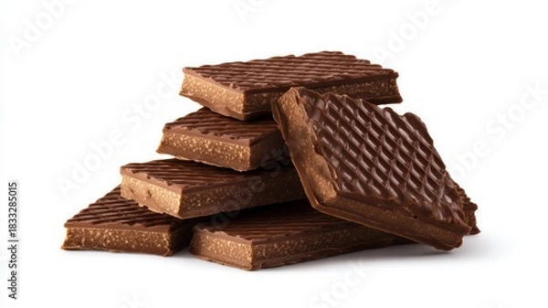 Obraz Stack of chocolate wafers on white background. AI generated