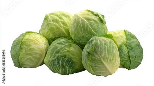 Obraz Vibrant green cabbages on white background. AI generated