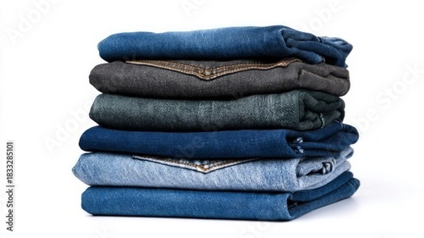 Obraz Stacked denim jeans on white background. AI generated