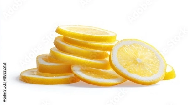 Obraz Vivid lemon slices on solid white background. AI generated