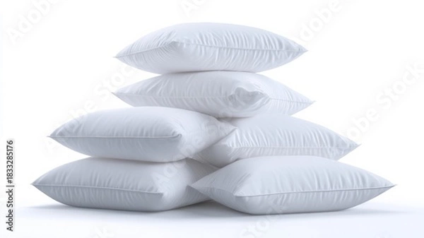 Obraz Stack of soft white bed pillows on plain background. AI generated