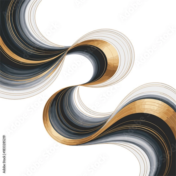 Fototapeta Abstract flowing ribbons of gold grey and black background