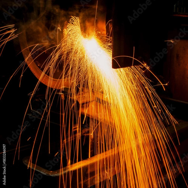 Fototapeta Metal grinding generates bright orange sparks in dark factory