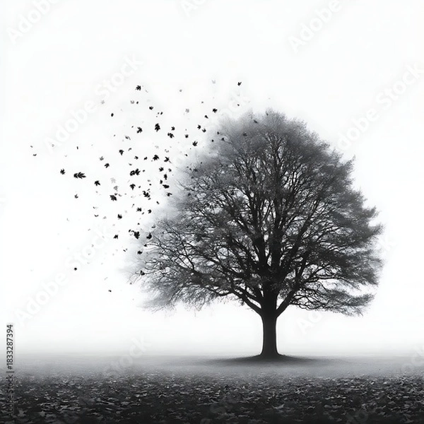 Fototapeta Calm grayscale tree scene with motion leaves high resolution photo