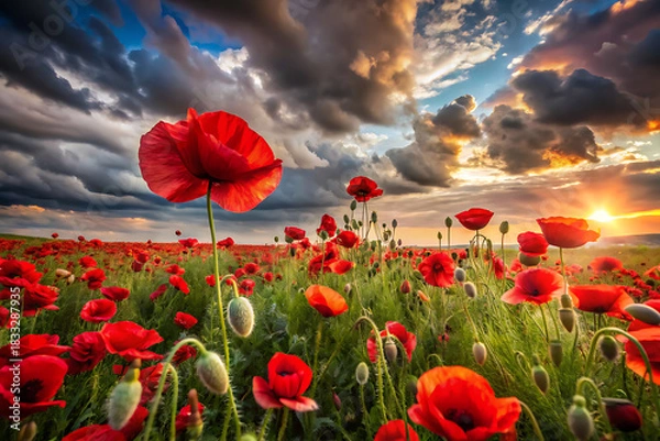 Fototapeta landscape photo of endless red poppies swaying in the wind