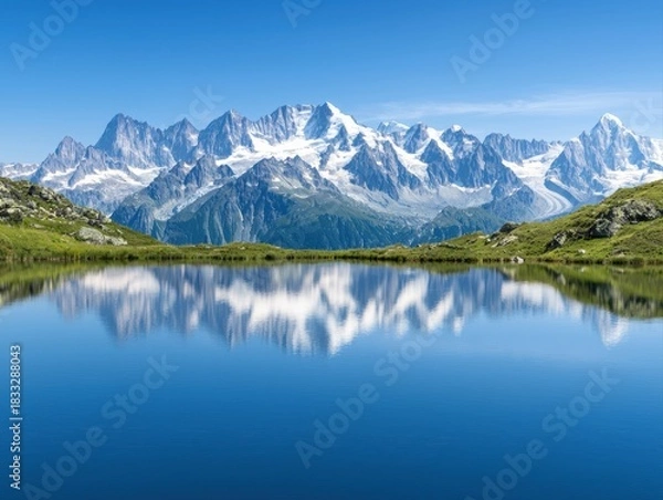 Fototapeta A serene mountain landscape with snow-capped peaks reflected in a clear lake under a blue sky.