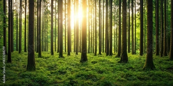 Fototapeta A serene forest scene illuminated by sunlight filtering through tall trees, surrounded by lush green foliage and ferns.