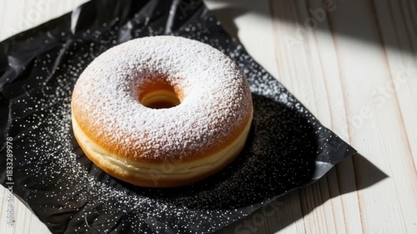 Fototapeta A single sugared donut dusted with powdered sugar resting on dark crumpled paper