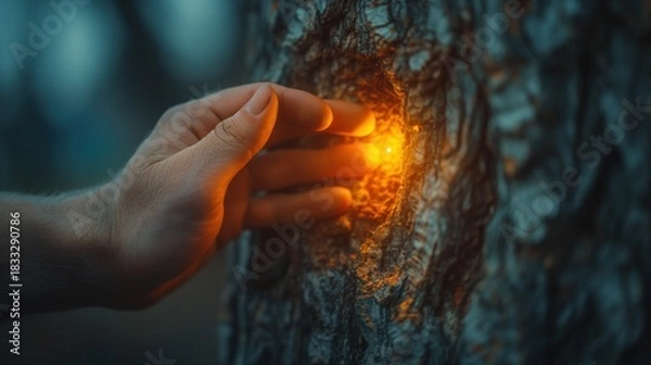 Fototapeta hand touching mysterious glowing light in tree trunk in dark forest