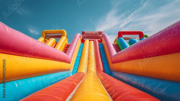 Fototapeta Low angle view of a large inflatable slide with multiple lanes under a blue sky