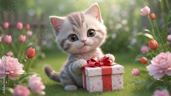 Obraz 3D Cartoon Cat with Gift