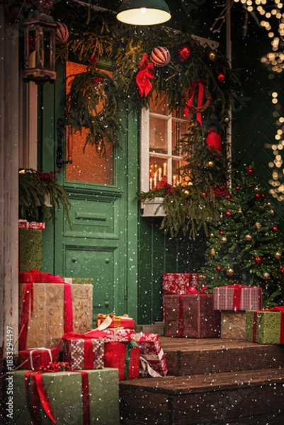 Obraz Outdoor decoration with christmas tree and festive gifts on a snowy winter night.