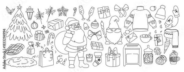 Obraz Christmas doodle line art set