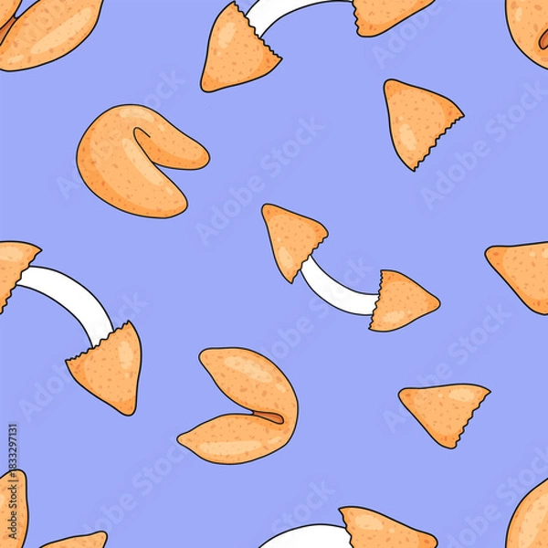 Fototapeta Seamless vector pattern fortune cookies arranged on soft blue background. ideal for packaging, stationery, wrapping paper, textile prints, themed branding projects