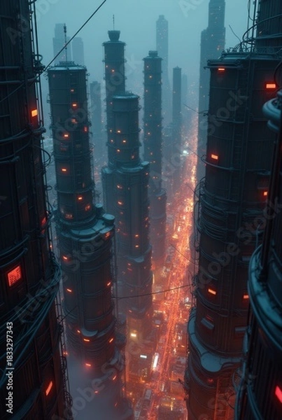 Fototapeta Futuristic cityscape with towering structures and glowing lights illuminating the foggy streets