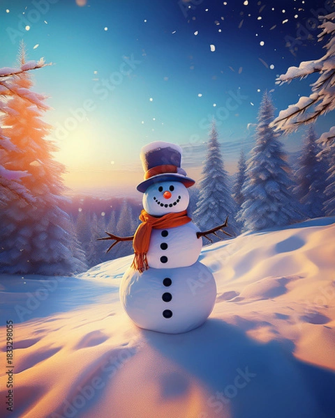 Obraz Snowman with orange scarf in winter forest landscape
