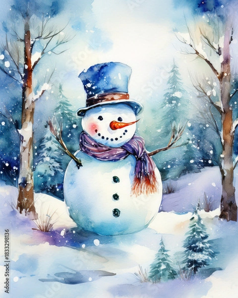 Obraz Snowman wearing hat and scarf in winter forest