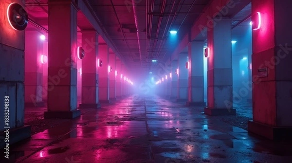 Fototapeta Neon Drenched Underground Parking Garage with Cyberpunk Vibes