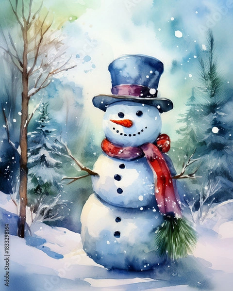 Obraz Snowman wearing hat and scarf in winter landscape