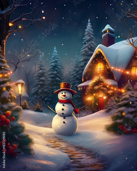 Obraz Snowman standing on path in festive winter village