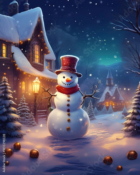 Obraz Happy snowman standing in festive winter village at night