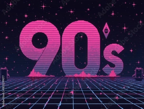 Fototapeta 90s retro cyber grid background with gradient text