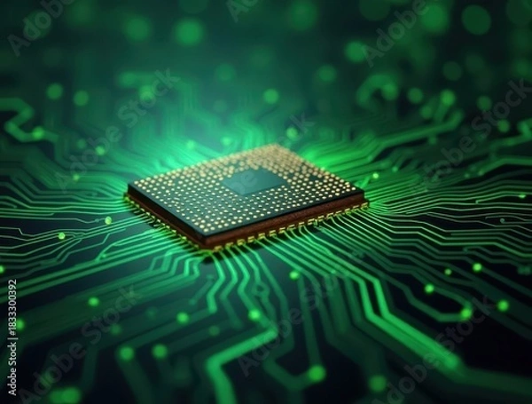 Fototapeta Microchip on green circuit board transmitting data