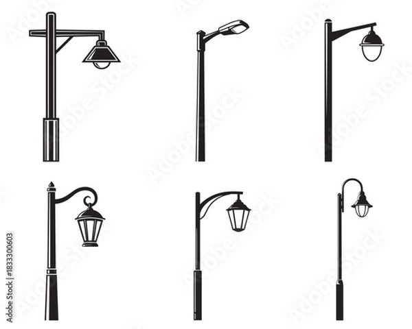 Fototapeta Street lamp and city light icon set. Modern highway LED, utility pole, and vintage park lantern vector collection.