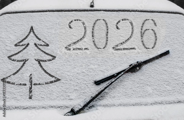 Obraz Drawing on the glass of a car covered in snow