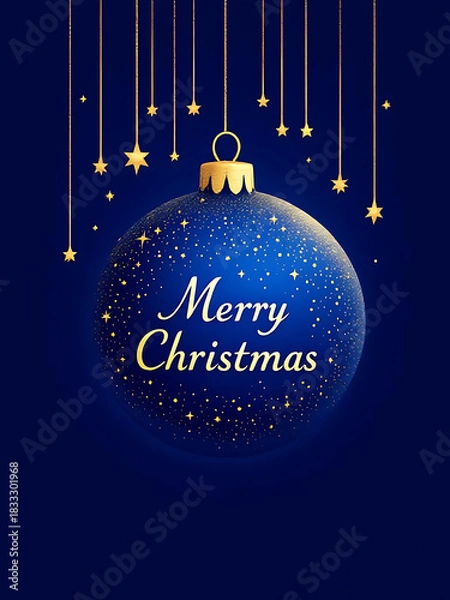 Obraz Elegant deep blue Christmas ornament hanging with golden glitter and sparkling stars against a dark night background