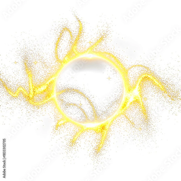 Obraz Brilliant Golden Solar Eclipse or Black Hole Event with Sparkling Corona and Energy Particles on Transparent Background