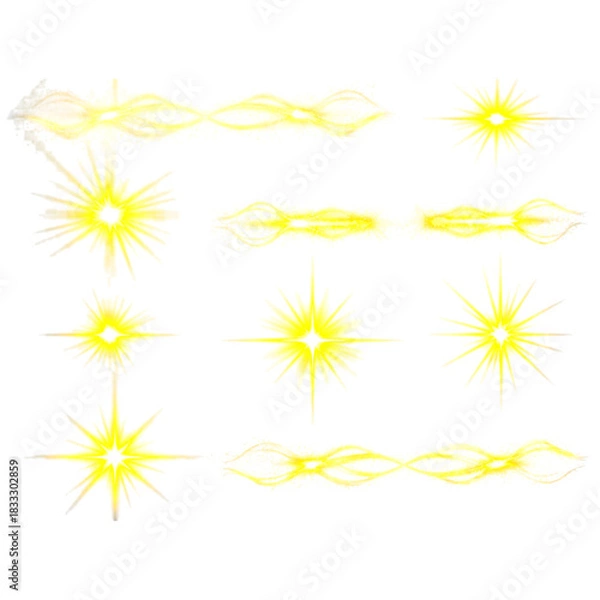 Obraz Collection of bright yellow starburst lens flare effects and glowing energy light trails isolated on Transparent Background