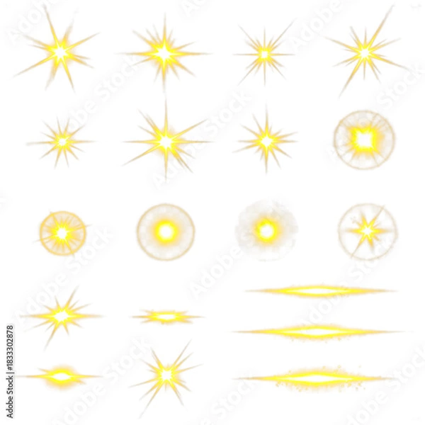 Obraz Collection of Golden Starburst Light Flares and Lens Flare Effects Isolated on Transparent Background for VFX