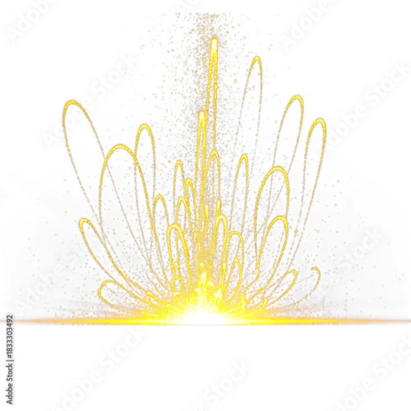 Obraz Golden Particle Explosion Bursting Upwards on Transparent Background with Abstract Light Trails