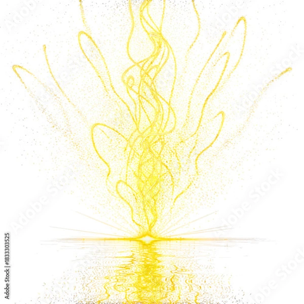 Obraz Explosion of Golden Light Particles Rising Above Reflective Surface on Transparent Background Abstract