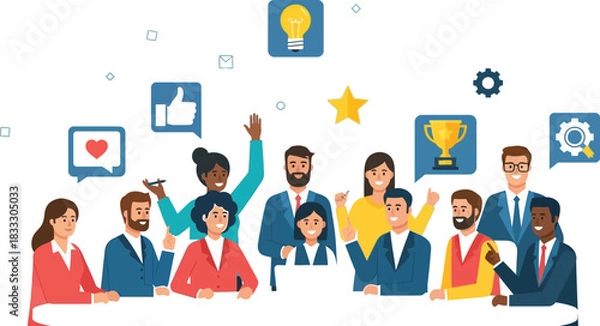 Fototapeta Diverse team celebrating success and sharing innovative ideas in a collaborative workspace.