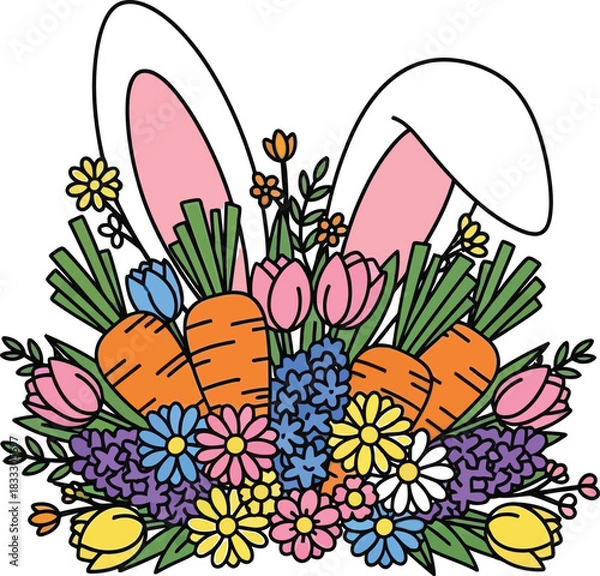 Obraz Playful bunny ears peek from a vibrant spring bouquet of carrots and colorful flowers.