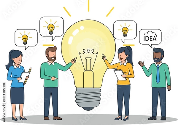 Obraz Diverse team collaborating on a bright idea, symbolizing innovation and creativity.