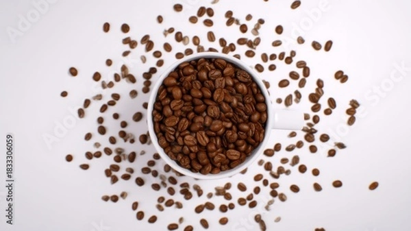 Fototapeta Coffee cup and beans on white background. AI image